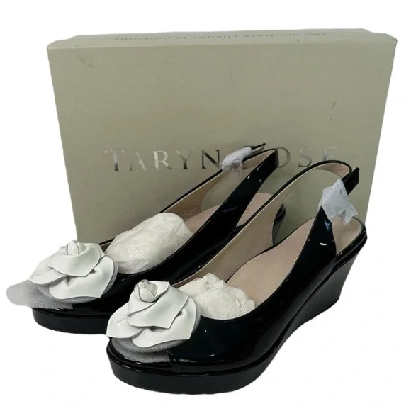 Taryn Rose Tri-Star Black Patent White Rose Wedge Sandals NWT Women’s Size 9 - Picture 3 of 11
